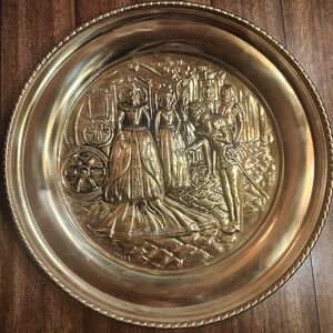 Vintage Renassiance Brass color Wall Plate Sir Walter Raleigh Queen Elizabeth